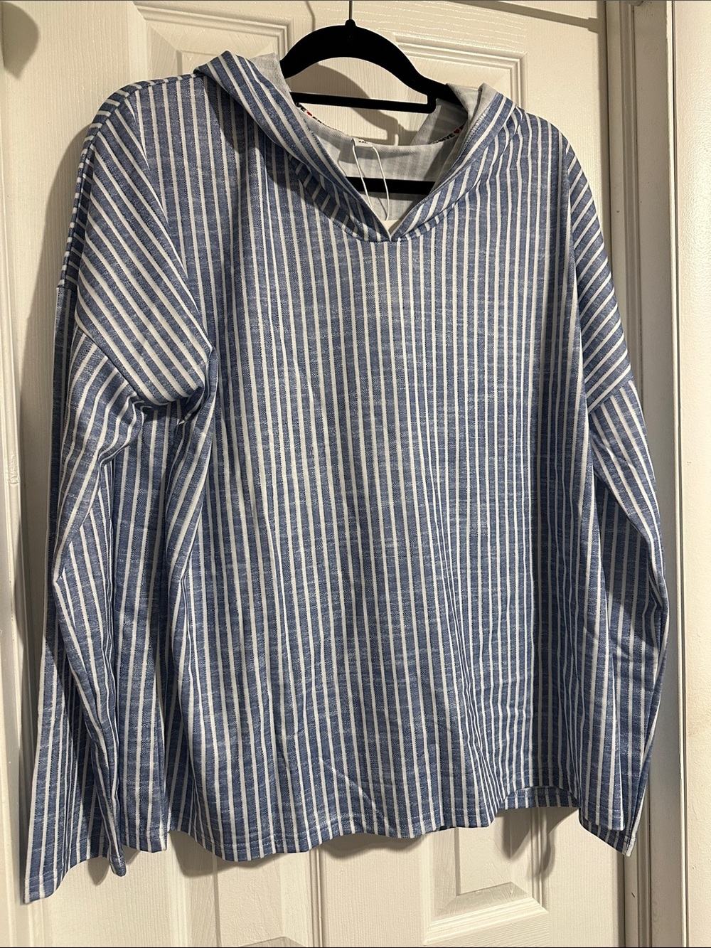 Women's Blue and White Striped Hooded Pullover